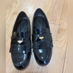 Zara Black Polished Penny Loafers with Fringe Detail